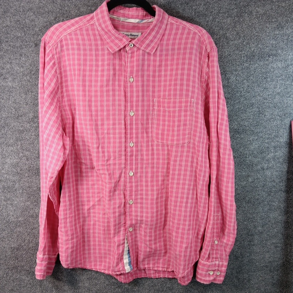 Tommy Bahama Pink Plaid Button Up Shirt Mens Large Contrast Trim Linen Blend